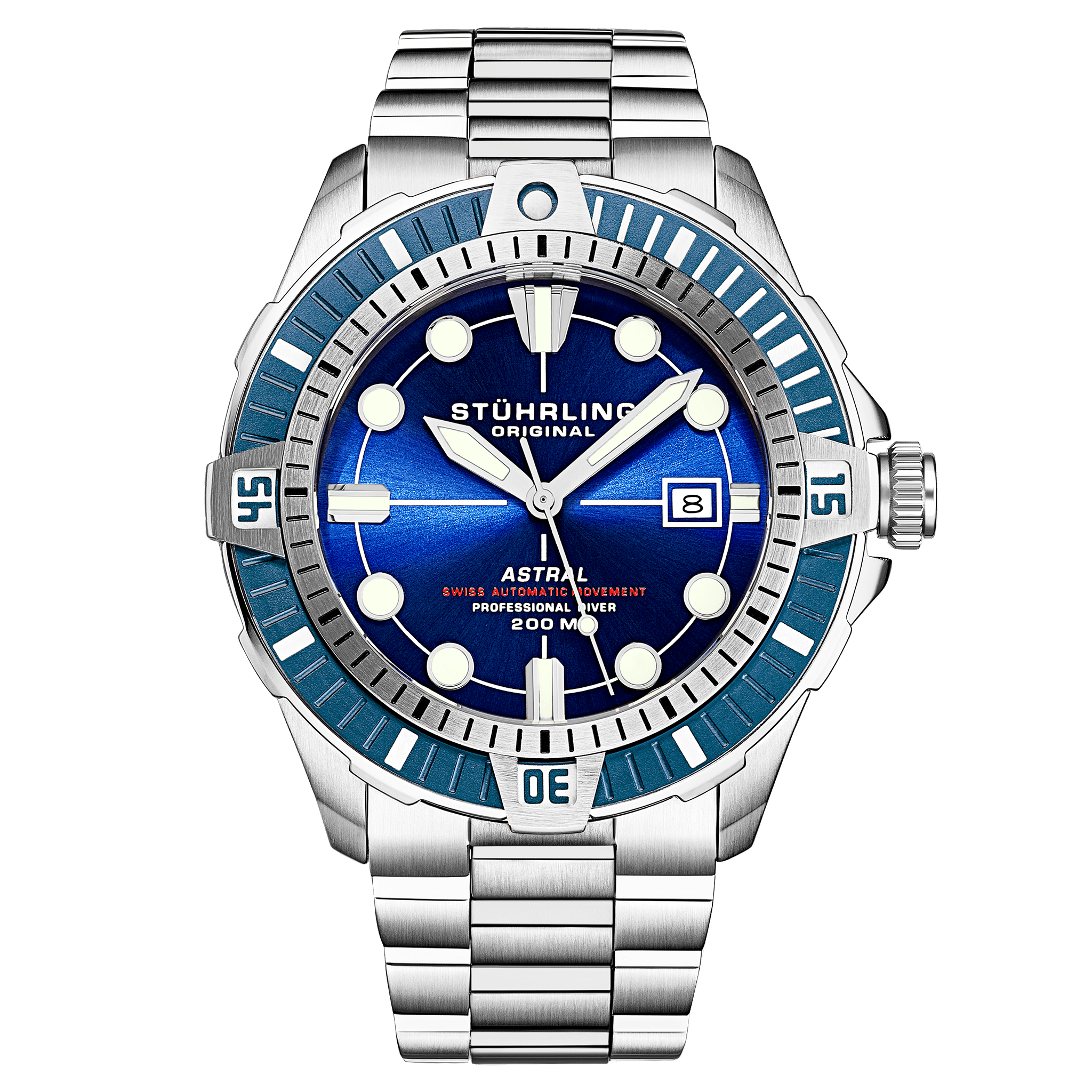 Stuhrling watch with blue face and silver metal strap on green background