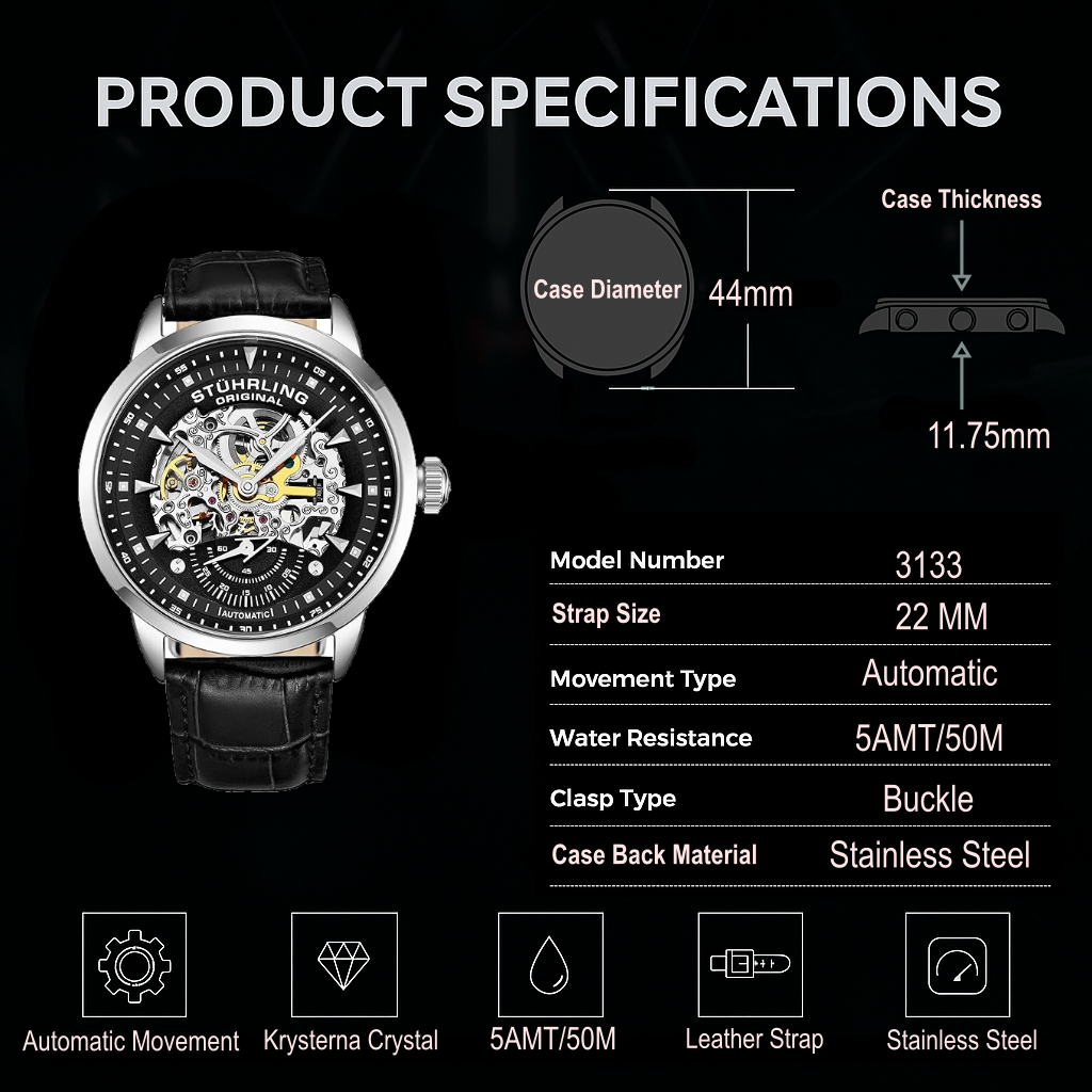 Stührling Executive 3133 Automatic 44mm Skeleton
