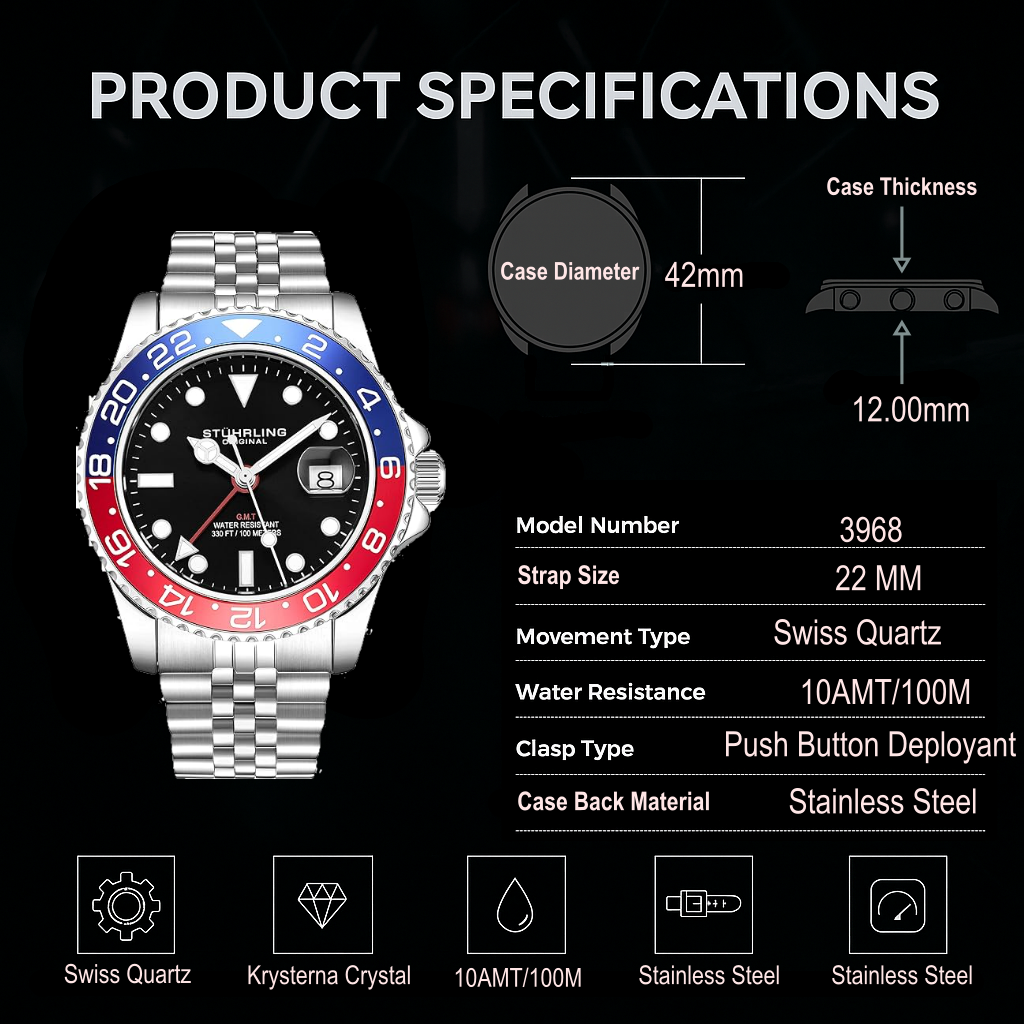 Stührling Meridian 3968 GMT Quartz 42mm Diver
