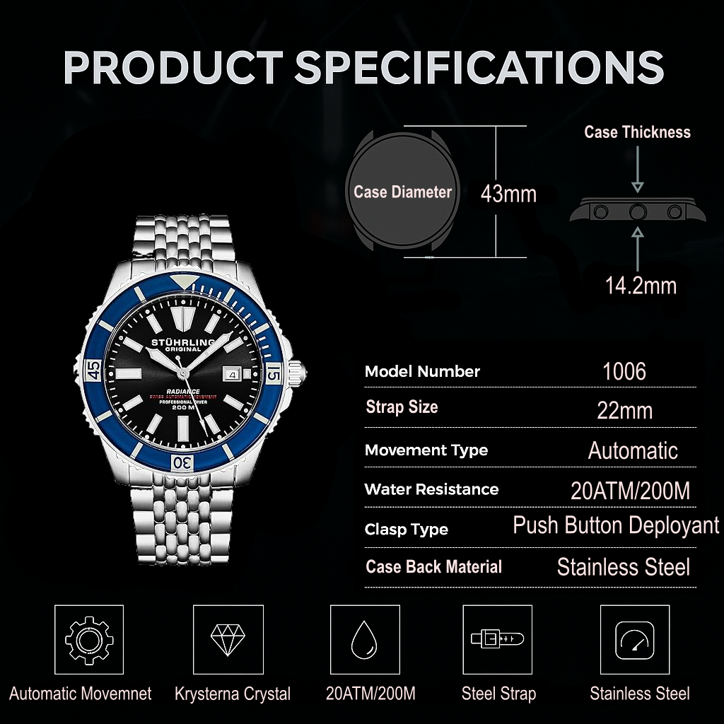 Stührling Swiss Automatic Super Luminova Radiance 1006 43mm Watch