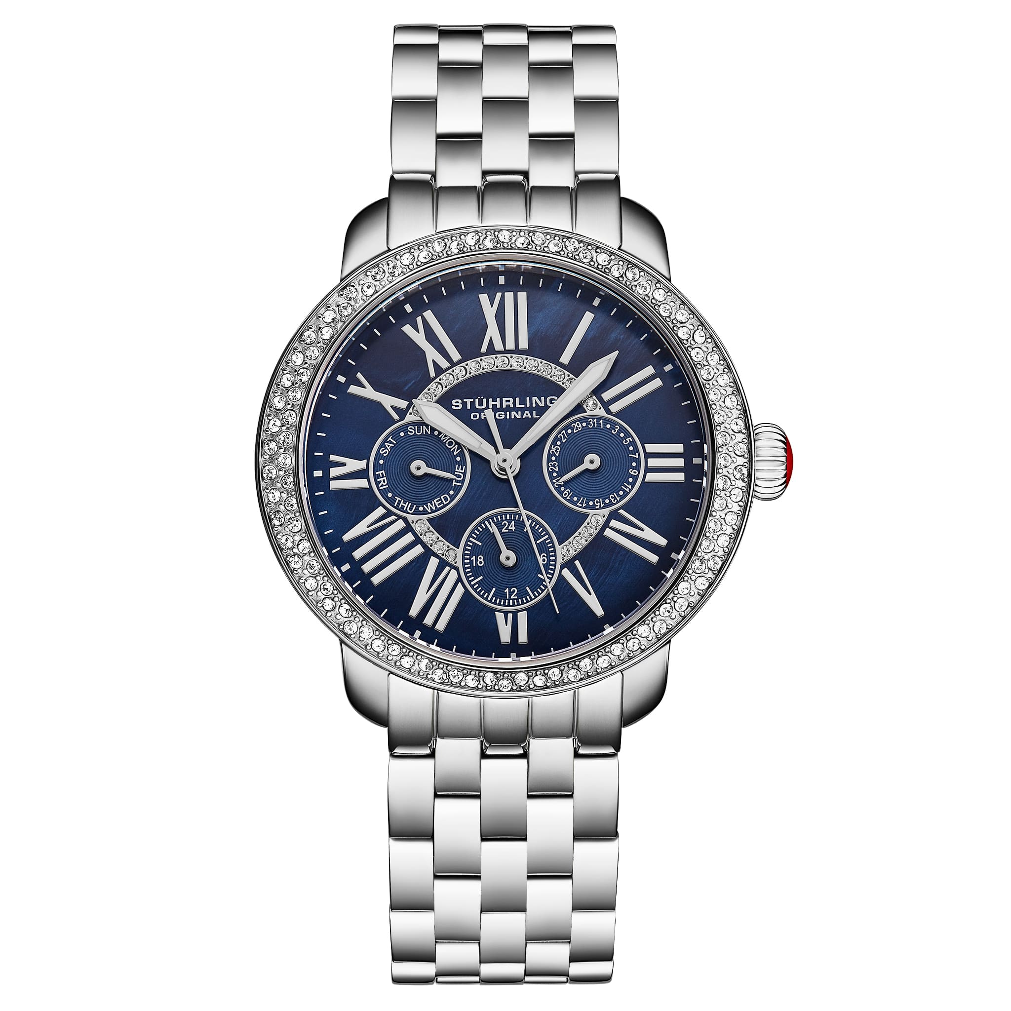 Silver watch with a blue face on a white background