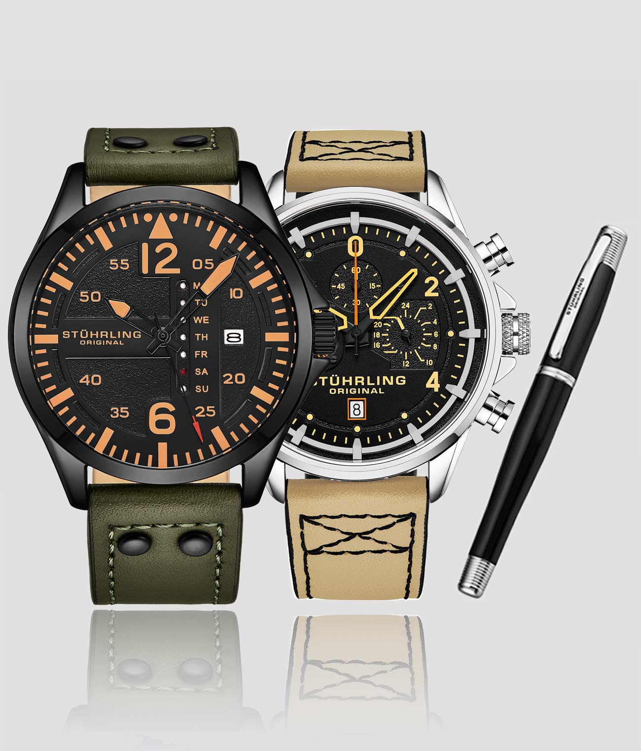 Aeronaut 44mm Aviator, Volda 45mm Aviator, and Stührling Signature Pen